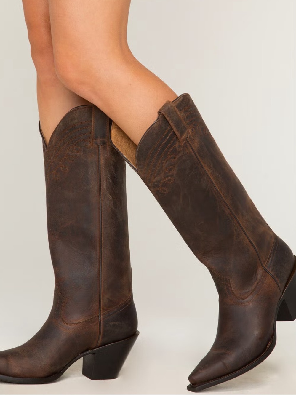 Shyanne Dark Brown Distressed Leather Cowboy Knee Boots - Picture 1 of 6